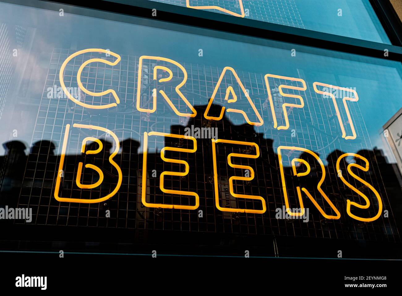 Newcastle upon Tyne/UK - 8th Jan 2020: Craft Beers neon sign in Hipster bar window Stock Photo