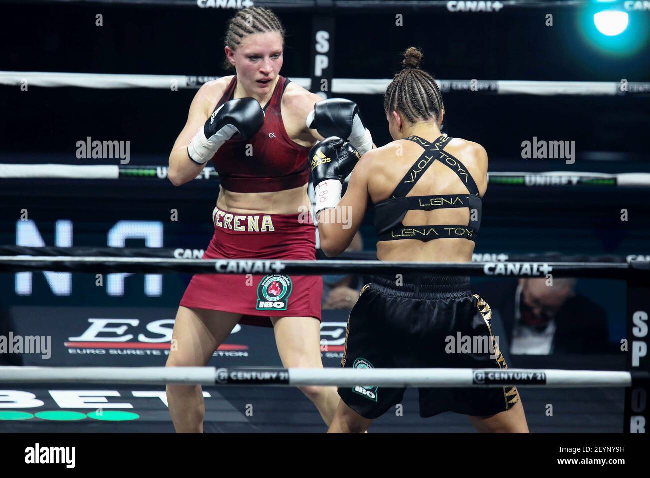 Nantes, France. 05th Mar, 2021. Verena Kaiser of Germany and Estelle  Yoka-Mossely of France during the IBO Lightweight World championship boxing  event between Estelle Mossely-Yoka and Verena Kaiser on March 5, 2021