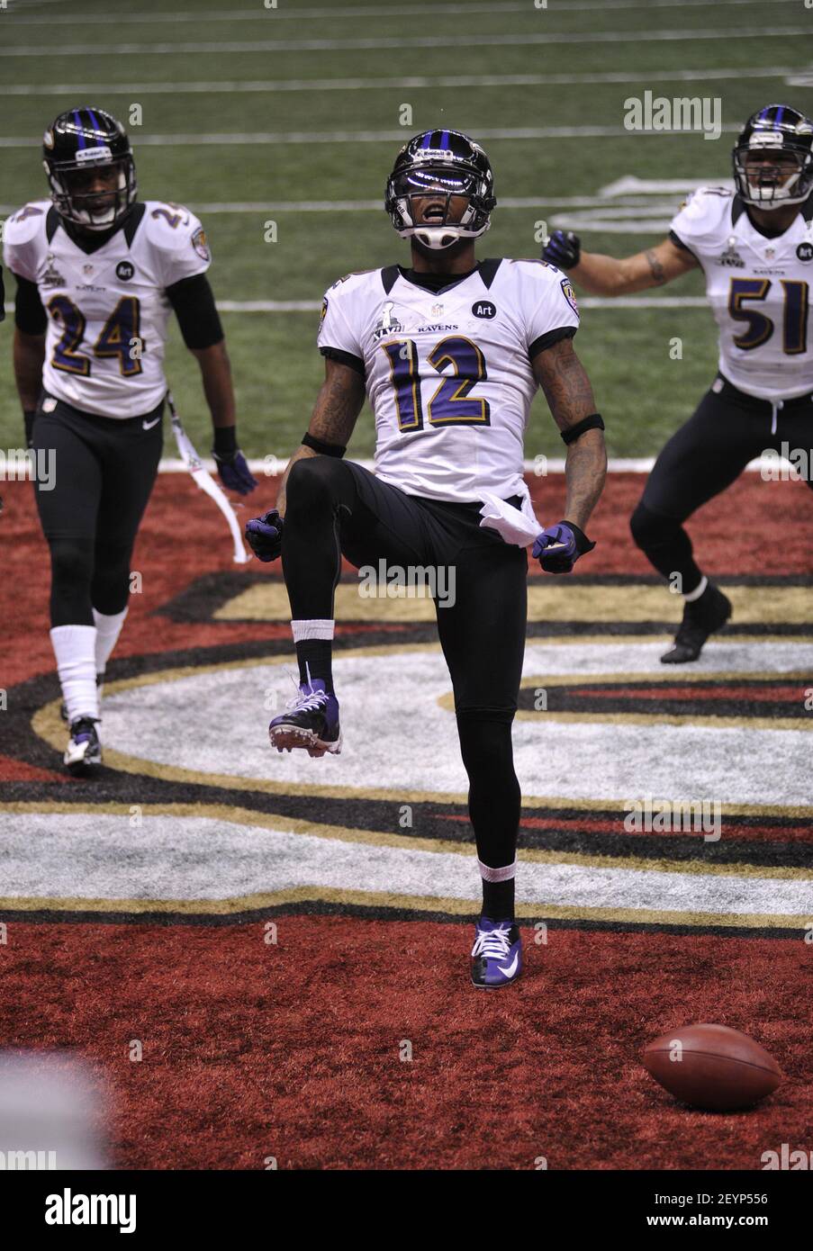 Jacoby Jones 12 of the Baltimore Ravens celebrates his 108 yard