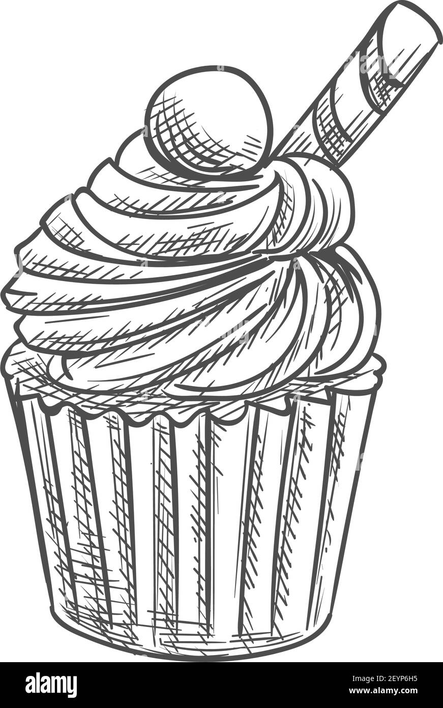 Muffin topped by waffle cone and chocolate candy isolated pastry food. Vector cupcake, bakery product Stock Vector