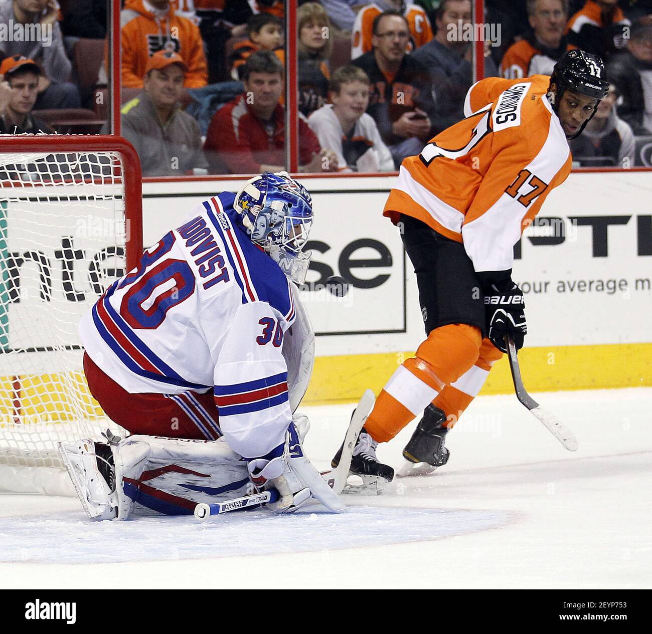 January 24, 2013: New York Rangers goalie Henrik Lundqvist (30) with the  glove save during the NHL game between the New York Rangers and  Philadelphia Flyers at Well Fargo Center in Philadelphia