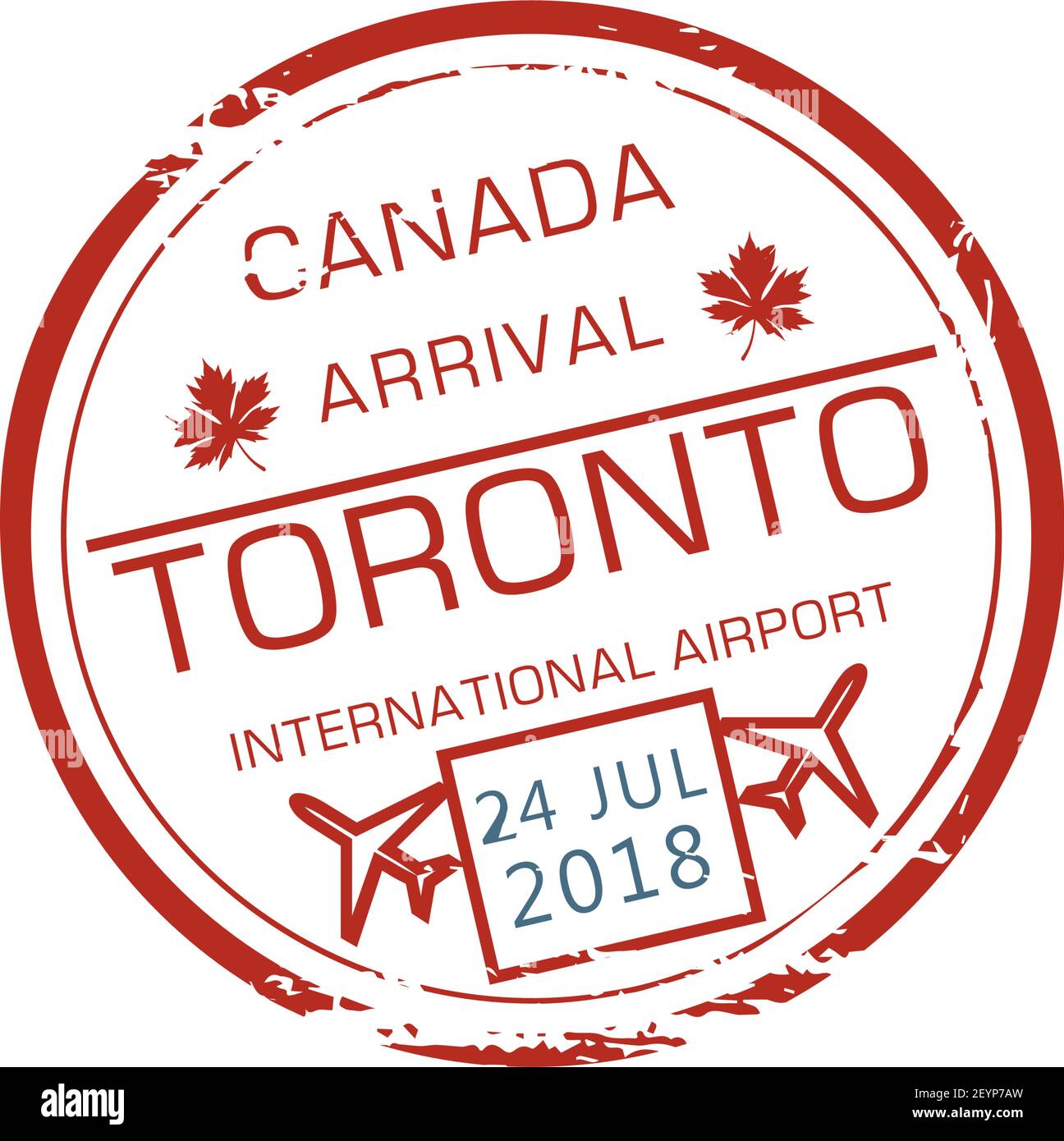 Toronto international airport visa stamp isolated grunge round ink seal. Vector Canada border control symbol, airplane and date on stamp at passport. Stock Vector