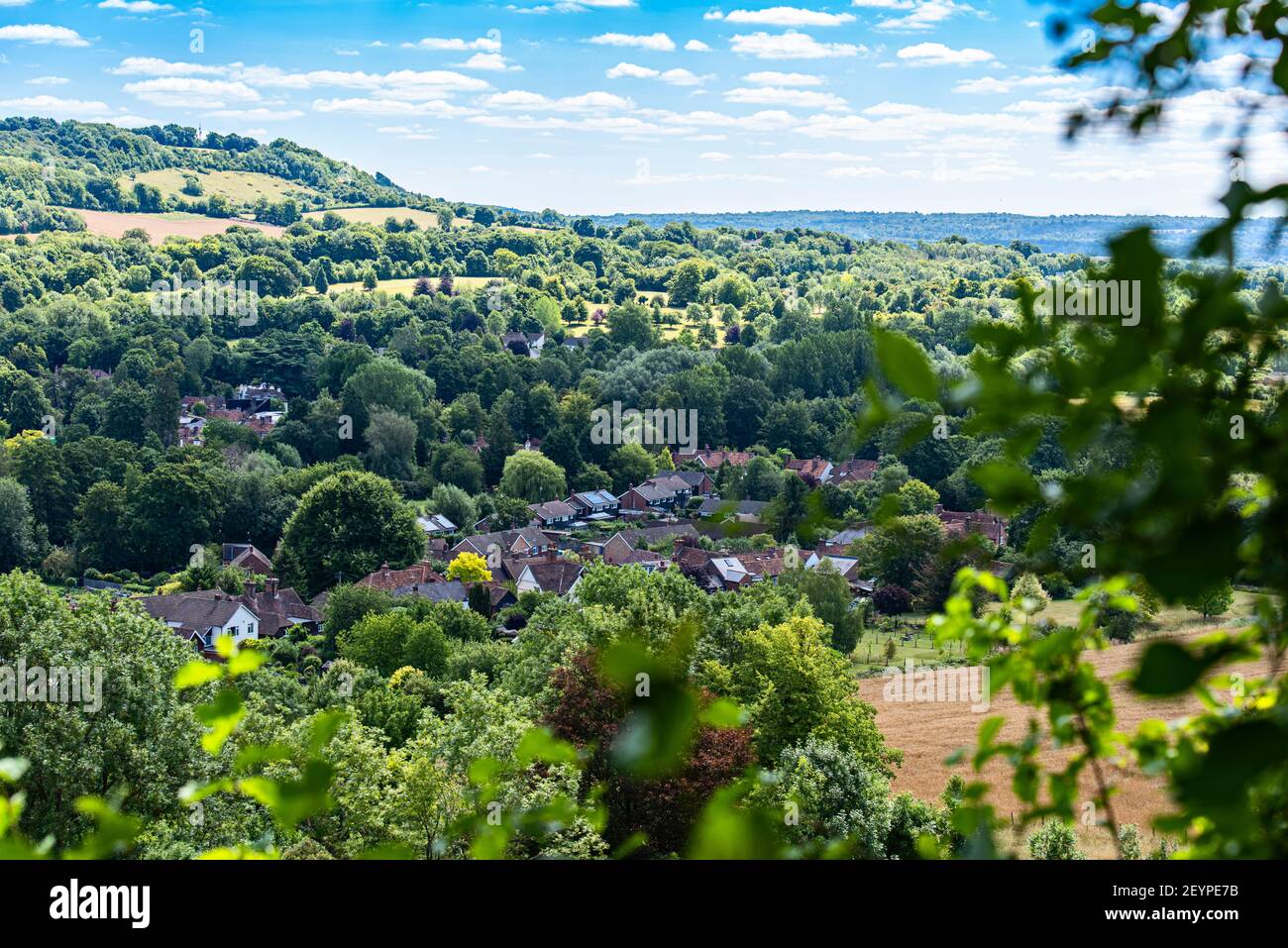 View of Shoreham near Otford in Kent taken from the White Cross Memorial Stock Photo