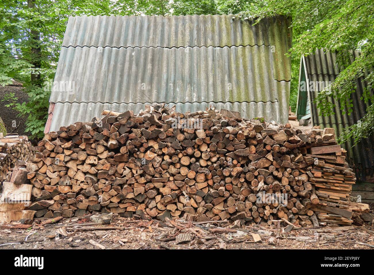 large pile of firewood near wooden house in avillage on outskirts of