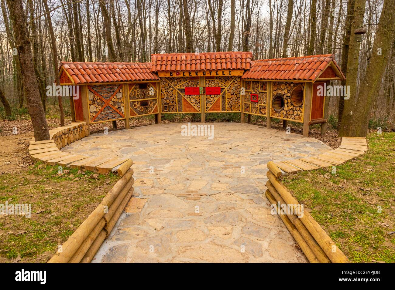 Ormanyan Izmit City Park, colorful wooden houses for tourism inspired by the movie The Hobbit, March 6, Kocaeli, Turkey Stock Photo