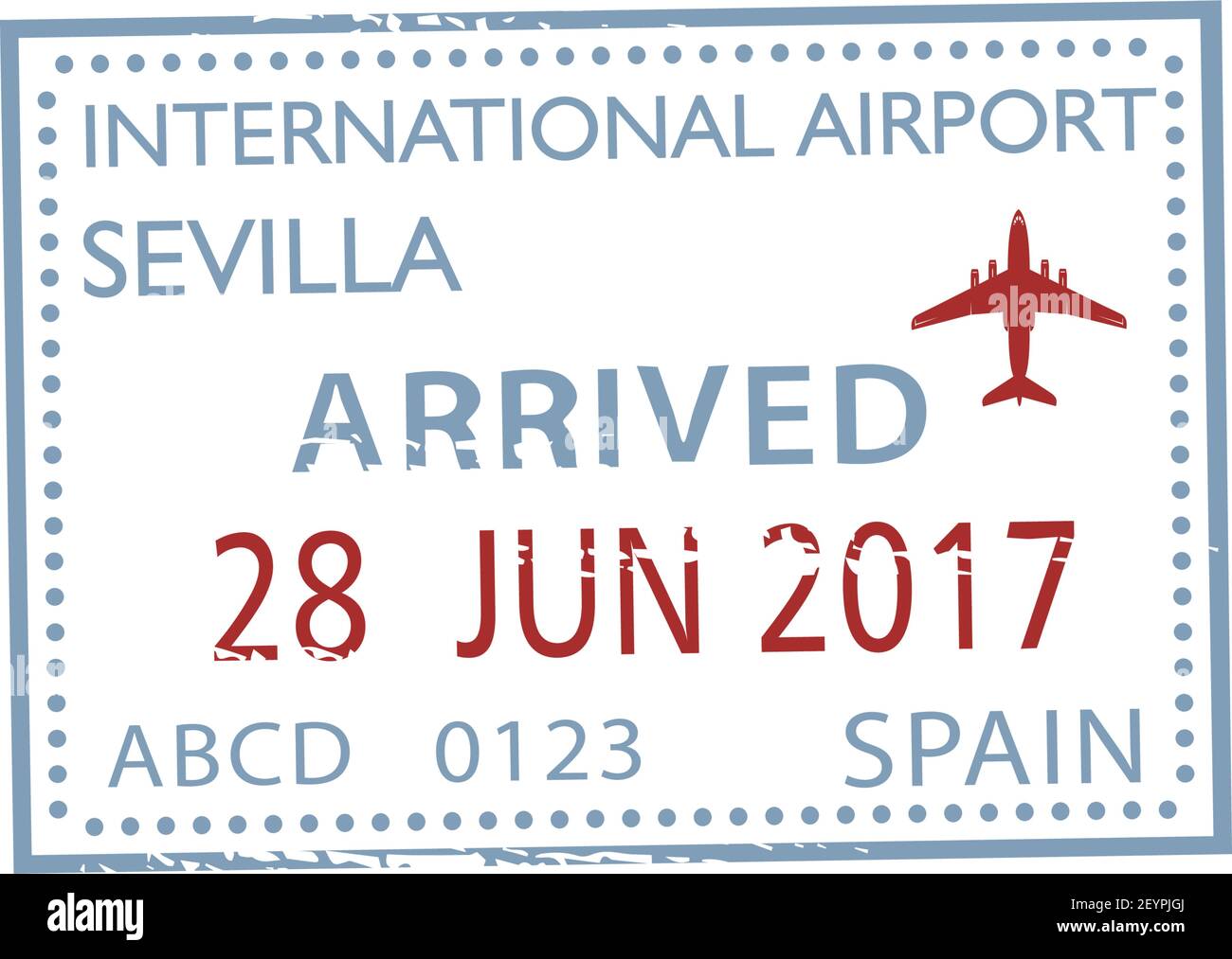 Arrived to international airport Sevilla isolated stamp. Vector travel to Spain, date and plane Stock Vector