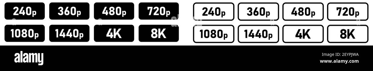 Set of simple video or movie resolution icons, number in rounded rectangle, black and white version Stock Vector