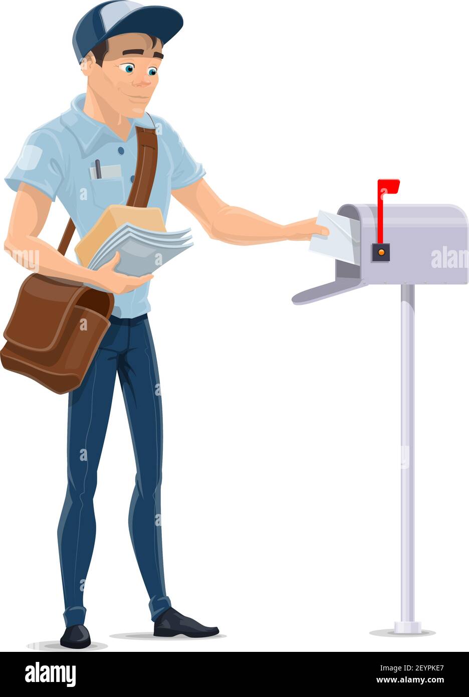 Mailman delivering letters, putting envelopes into postbox vector cartoon postman isolated vector Stock Vector