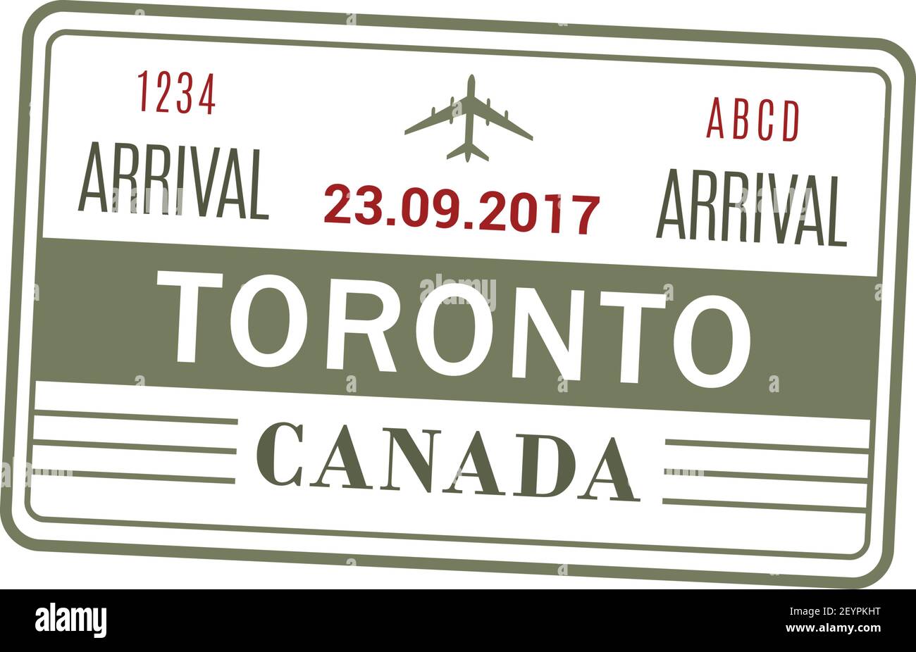 Arrival visa to Canada, Toronto international airport, vector isolated stamp icon. Data and plane sign Stock Vector