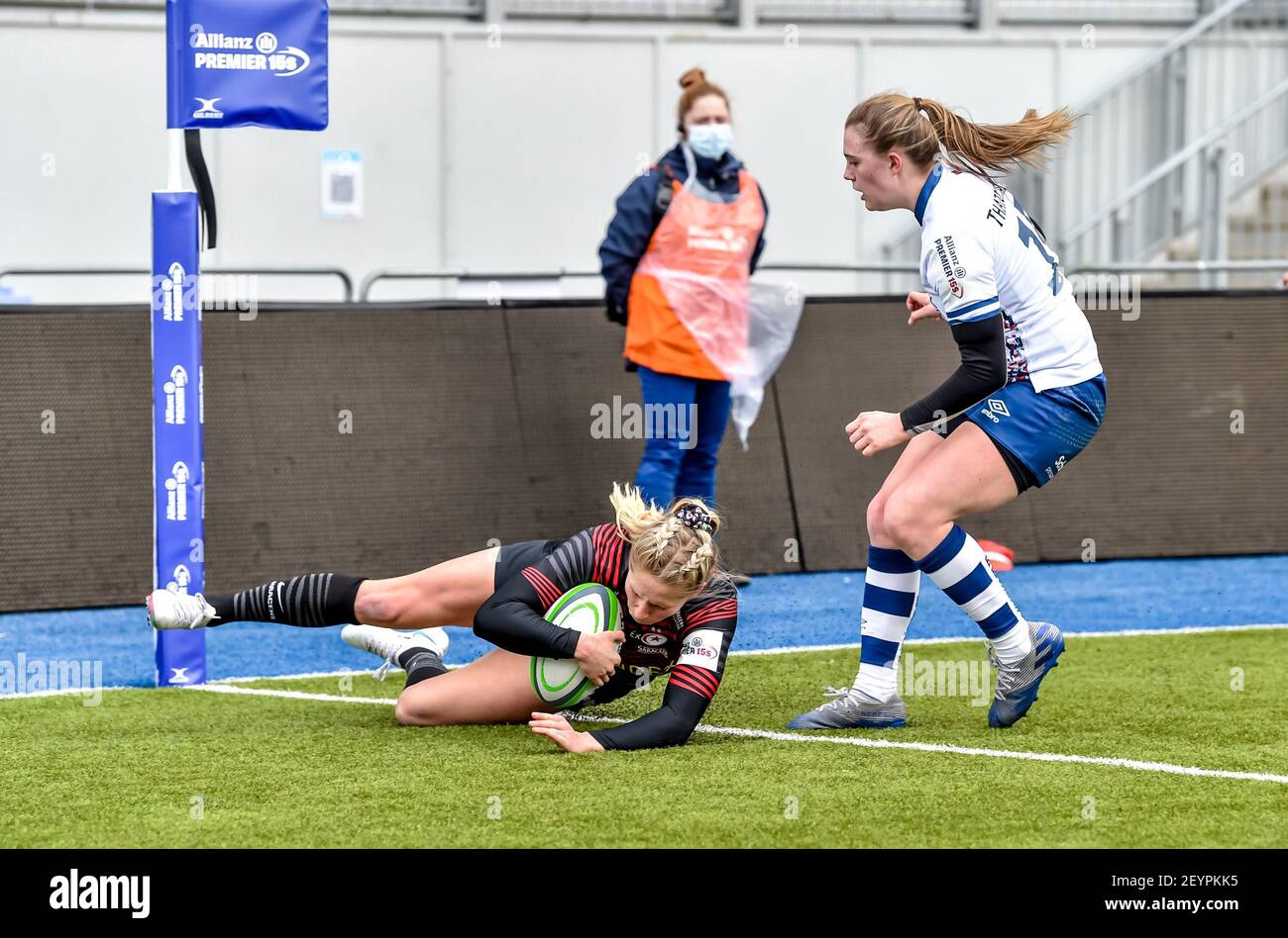 London, UK. 06th Mar, 2021. Emma Uren of Saracens Women scores Saracens Women second try of the first half during the Womens Allianz Premier 15s match between Saracens Women and Bristol Bears Women at the Stonex Stadium, London, England on 6 March 2021. Photo by Phil Hutchinson. Editorial use only, license required for commercial use. No use in betting, games or a single club/league/player publications. Credit: UK Sports Pics Ltd/Alamy Live News Stock Photo