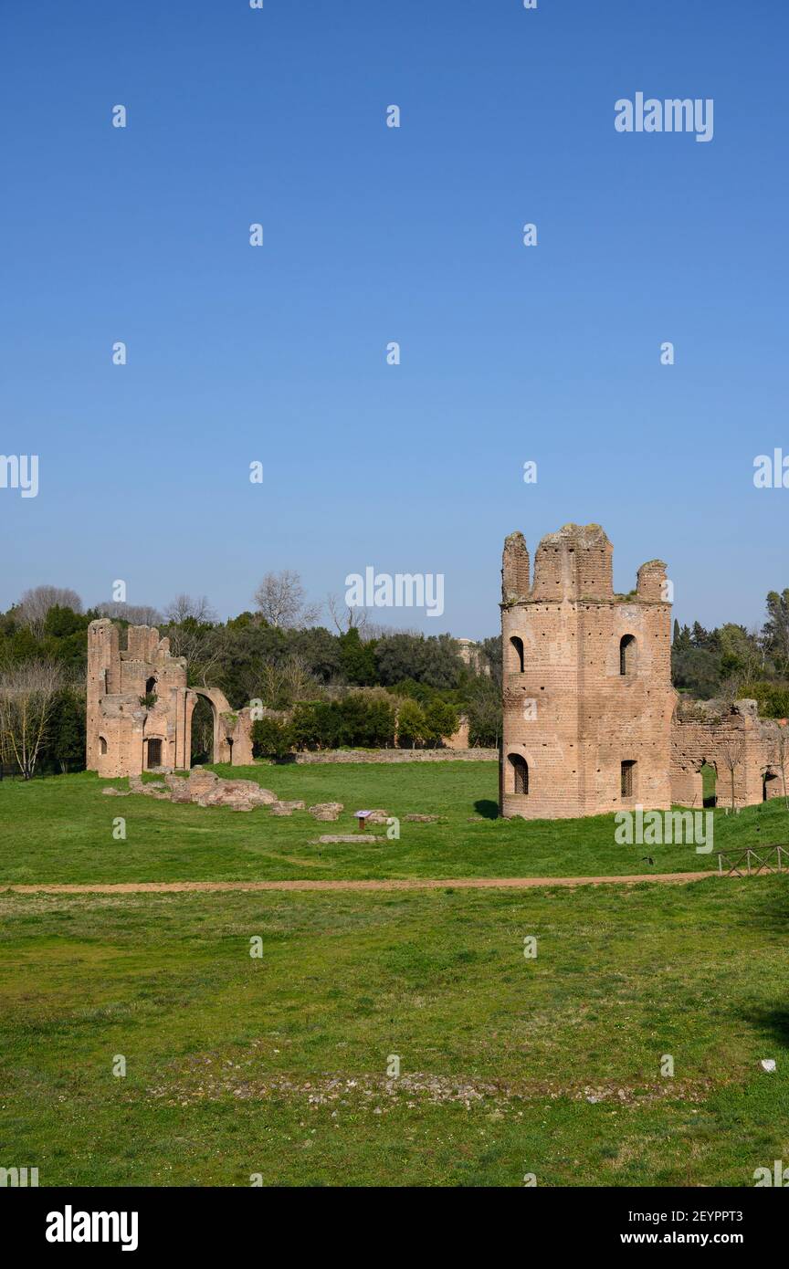 Rome Italy. Remains of the towers that flanked the entrance of the Circus of Maxentius (Circo di Massenzio) part of a complex of buildings erected by Stock Photo