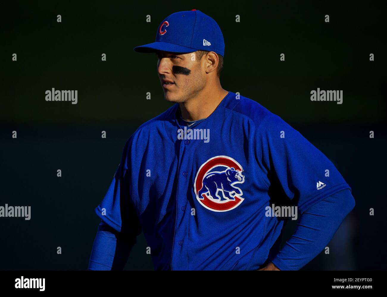 Mar 31, 2019: Chicago Cubs first baseman Anthony Rizzo #44 at first base  during an MLB game between the Chicago Cubs and the Texas Rangers at Globe  Life Park in Arlington, TX