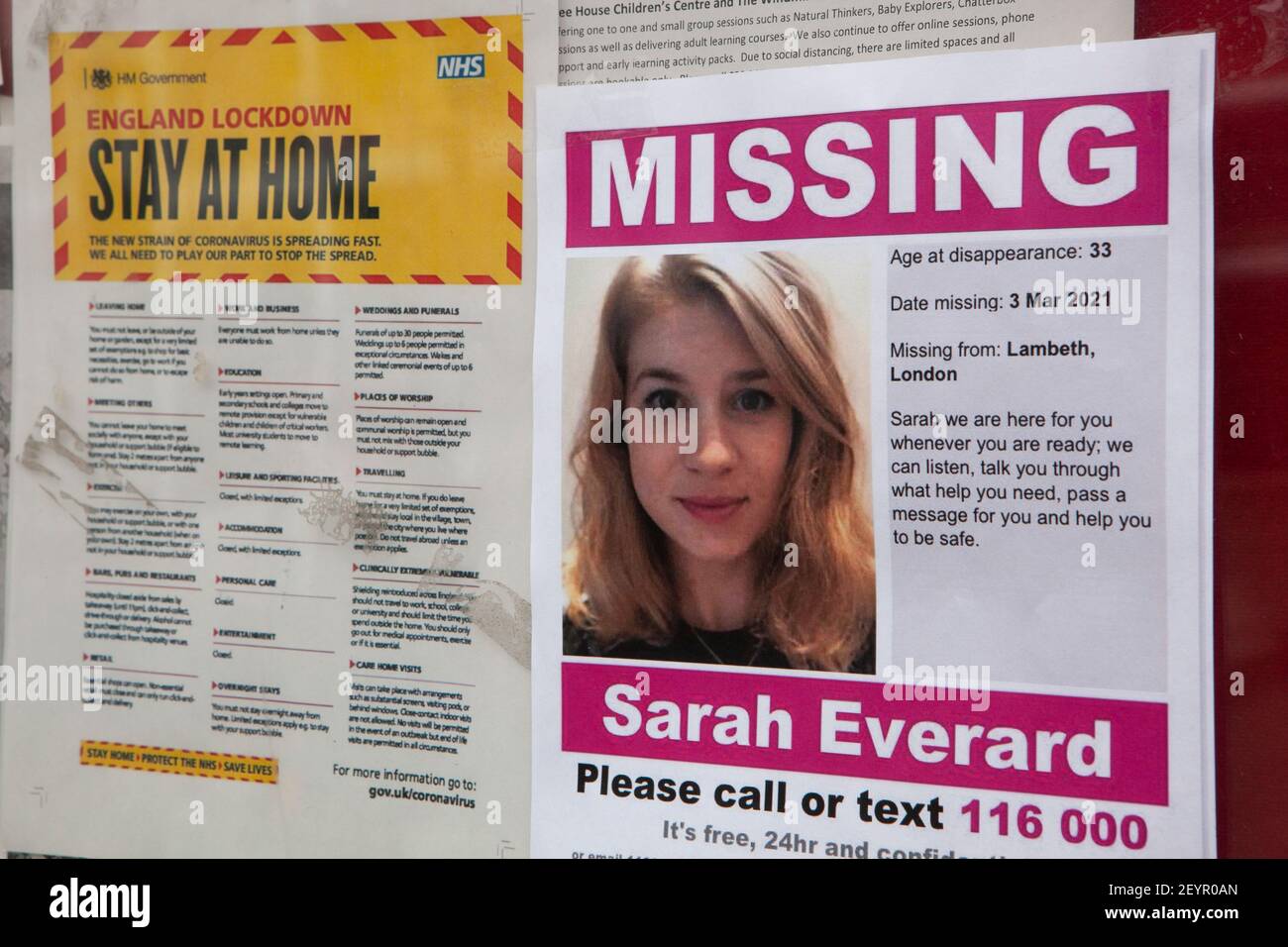 London, UK, 6 March 2021: A missing woman, 33 year old Sarah Everard, hasn't been since sine the evening of Wednesday 3 March 2021. Last known to be walking from Clapham Junction towards Brixton, posters have been put up in the area. Members of the public are asked to call 116 000 if they have seen her. Anna Watson/Alamy Live News Stock Photo
