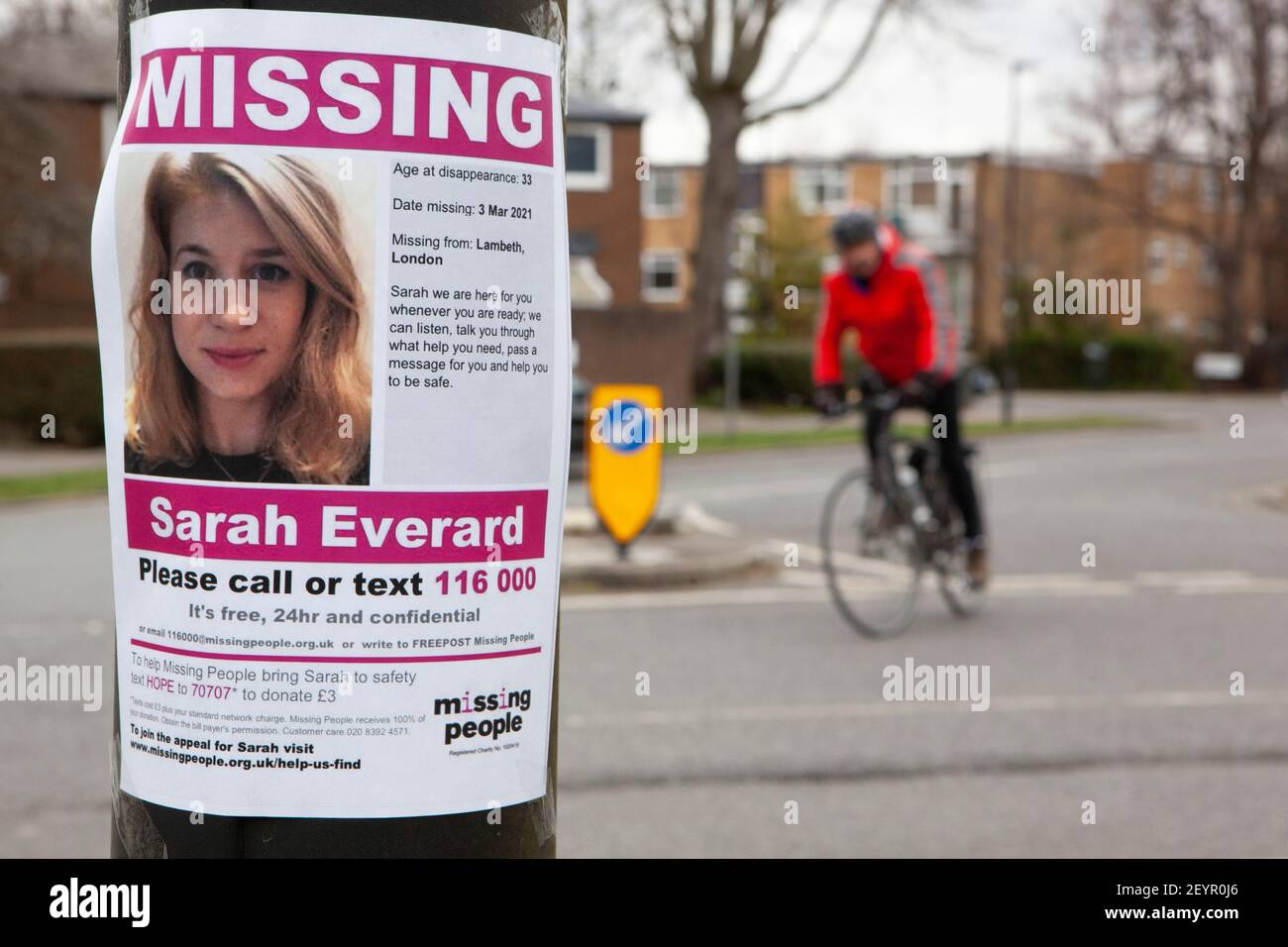 London, UK, 6 March 2021: A missing woman, 33 year old Sarah Everard, hasn't been since sine the evening of Wednesday 3 March 2021. Last known to be walking from Clapham Junction towards Brixton, posters have been put up in the area. Members of the public are asked to call 116 000 if they have seen her. Anna Watson/Alamy Live News Stock Photo