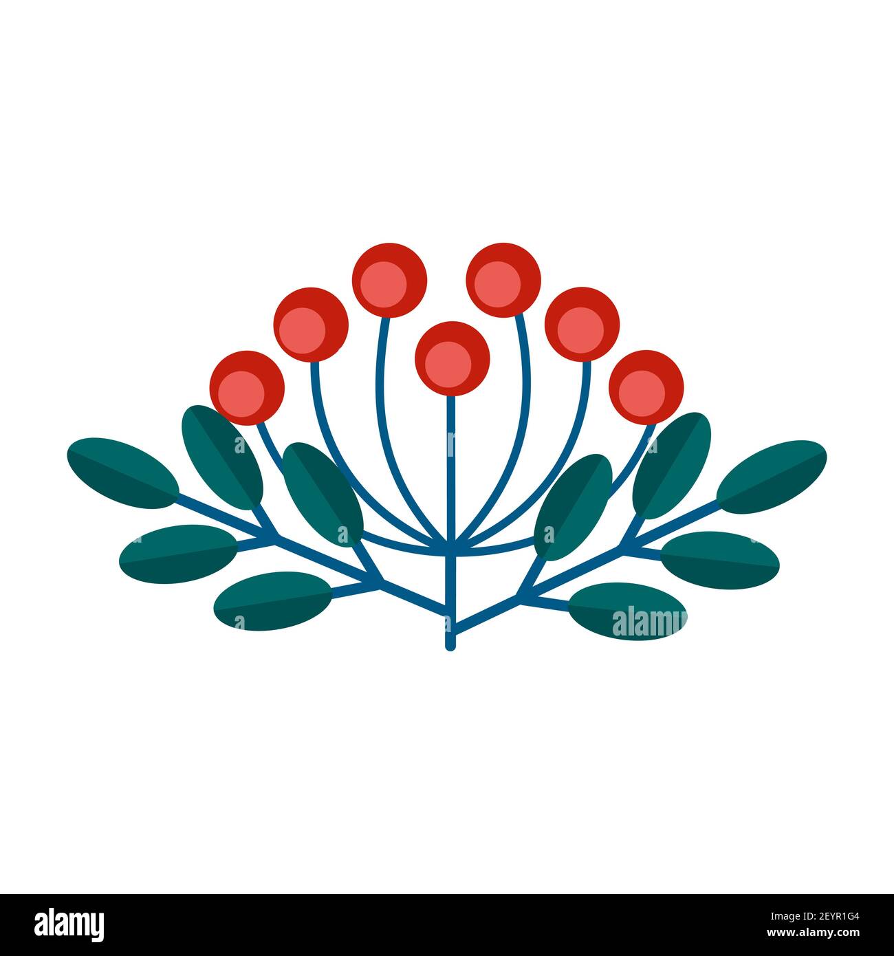 Simple minimalistic green branch of a rowan with leaves and red berries. Floral collection of colorful elegant plants for seasonal decoration. Stylize Stock Vector