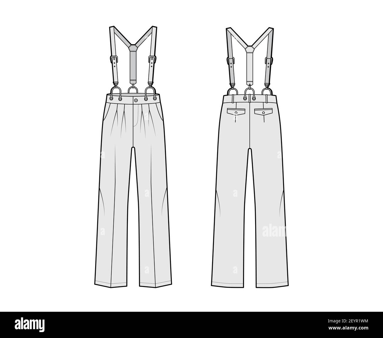 Suspender Pants Dungarees technical fashion illustration with full length, low waist, rise, pockets. Flat apparel garment bottom front back, grey color style. Women, men unisex CAD mockup Stock Vector