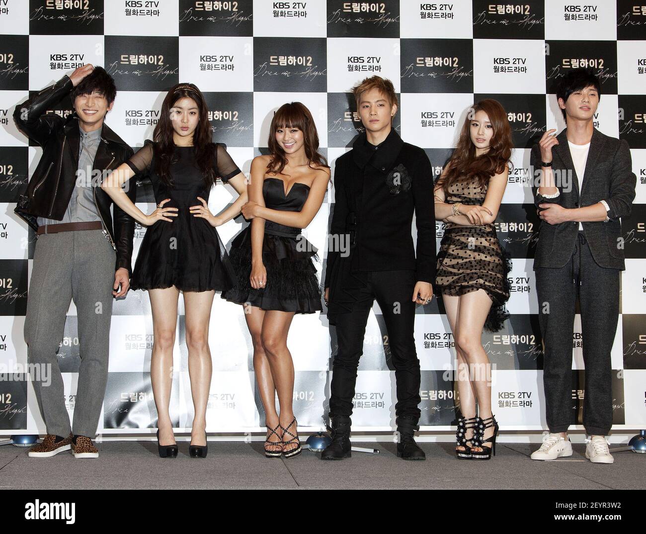 17 January 2012 - Seoul, South Korea - (L-R) South Korean K-pop boys band members of 2AM vocalist and main rapper Jung Jin-woon, actress Kang So-Ra, girl group members of Sistar singer Hyo Rin, actor JB, girl group members of T-ara singer Park Ji Yeon and actor Park Suh-jun, attend a photo call during a publicity event for the KBS TV drama 'Dream High 2' at Imperial Place hotel in Seoul on January 17, 2012. The Drama Monday & Tuesday Another highly anticipating romantic-comedy Korean Drama will be broadcasted starting from January 30, 2012. Photo Credit: Lee Young-ho/Sipa USA Stock Photo