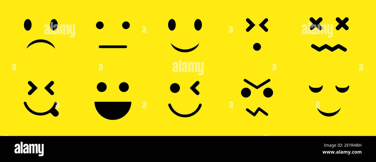 A set of 10 smilies. Flat illustration isolated on yellow. Stock Photo