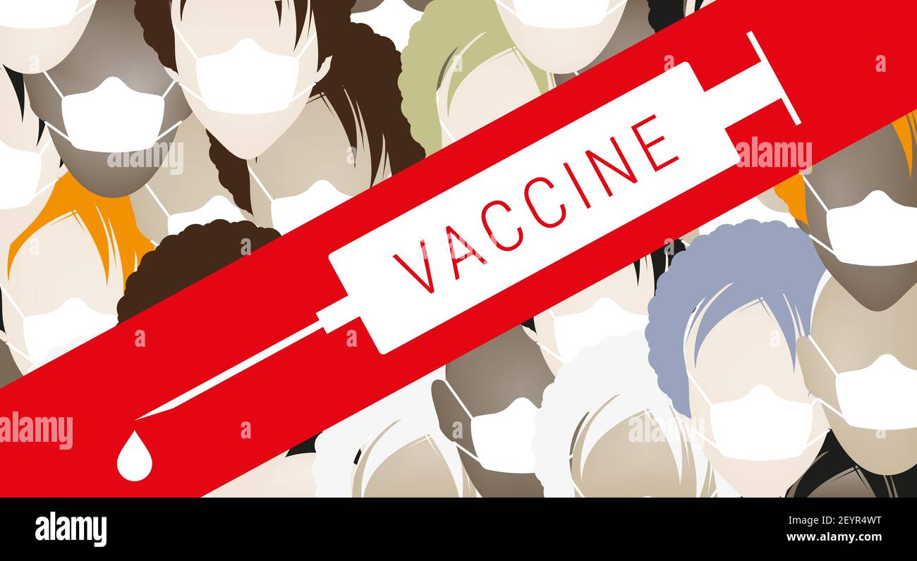 The masked crowd is crossed out with a red stripe. The end of the pandemic. Mass vaccination. Flat illustration on a relevant topic. Stock Photo