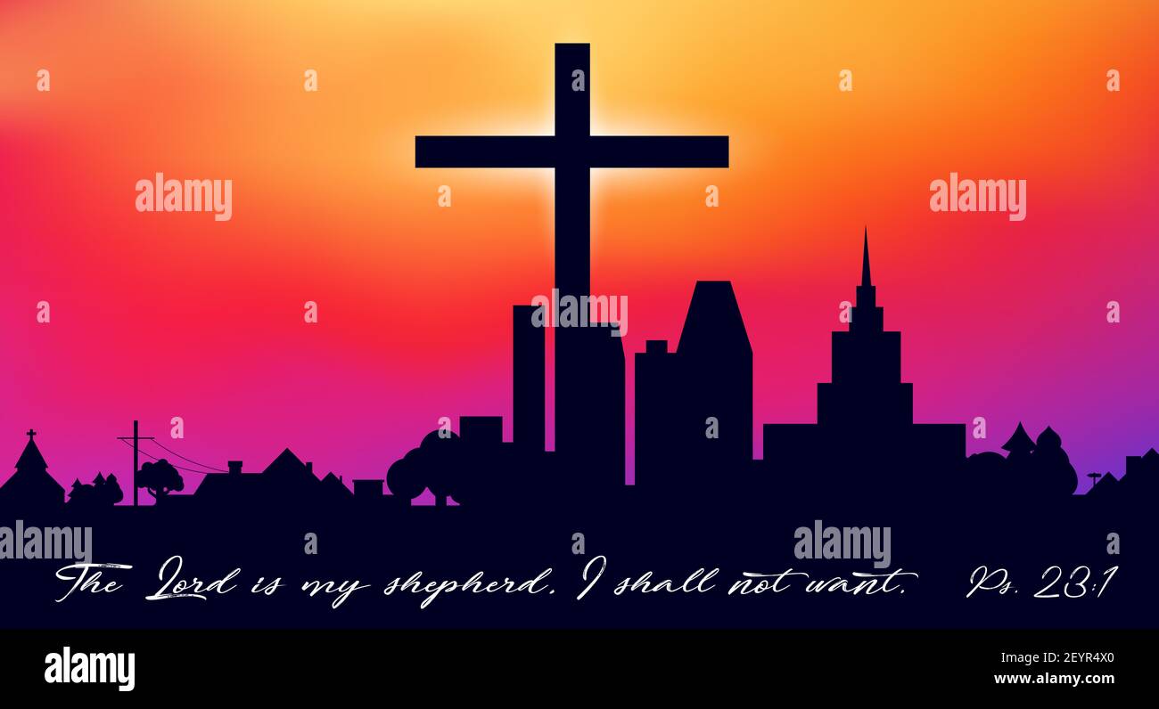 Christian cross and big city. Christian postcard, greeting card. Quote from psalm 23. Flat illustration. Stock Photo