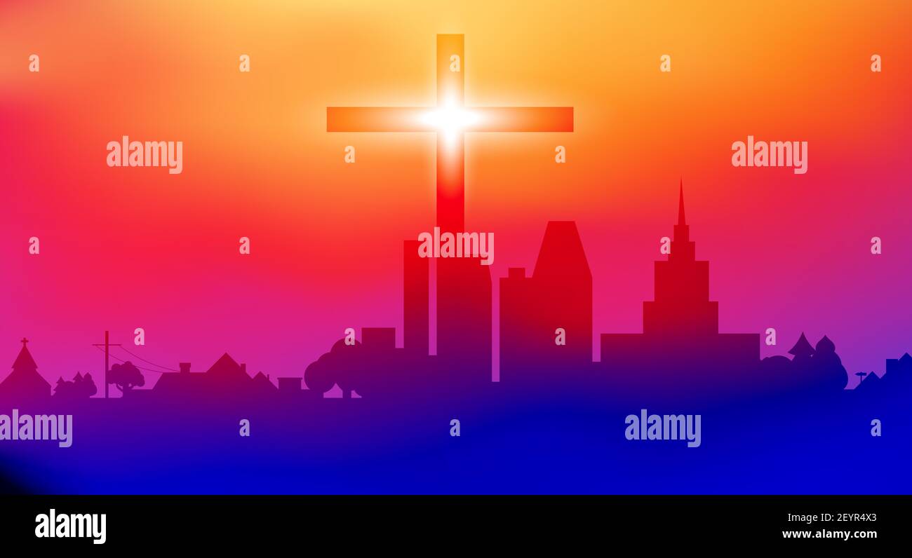Christian cross and big city. Christian postcard, greeting card. Empty space for your text. Flat illustration. Stock Photo