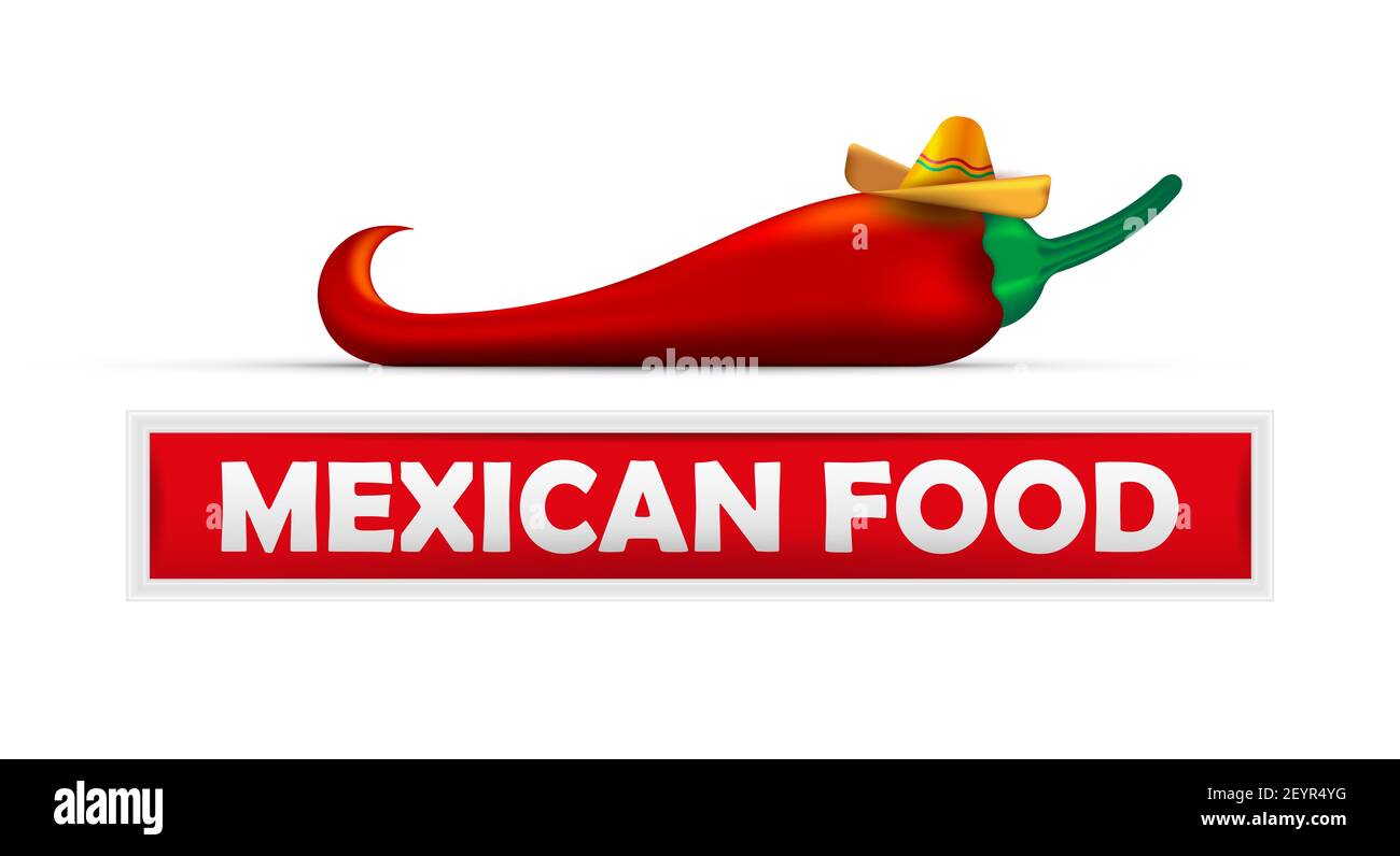 Mexican food. Signboard mockup and hot red pepper with hat. 3D cartoon illustration. Stock Photo
