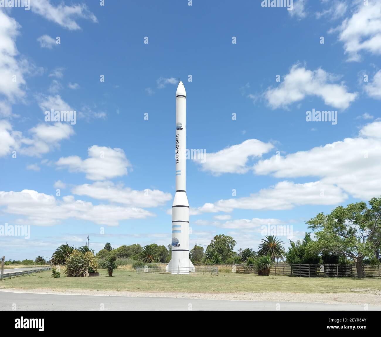 PIPINAS, PUNTA INDIO, BUENOS AIRES, ARGENTINA - Jan 18, 2021: The replica of the Tronador II space launcher designed to place satellites into orbit  f Stock Photo
