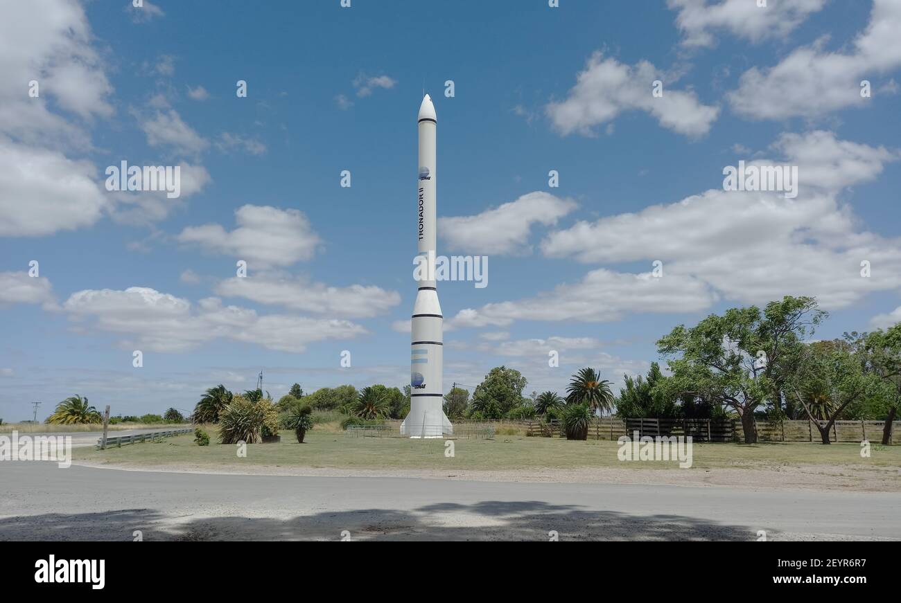 PIPINAS, PUNTA INDIO, BUENOS AIRES, ARGENTINA - Dec 21, 2020: The replica of the Tronador II space launcher designed to place satellites into orbit  f Stock Photo