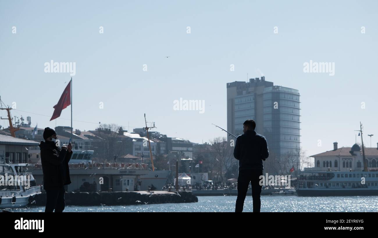 Guy Looks Skyscrapers Istanbul Boy Background Stock Photo