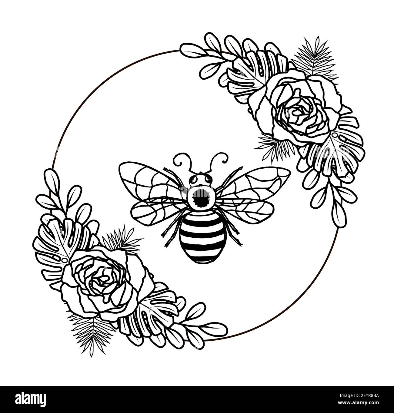 Bee cut file. Floral wreath. Bee happy. Illustration with bee. Floral