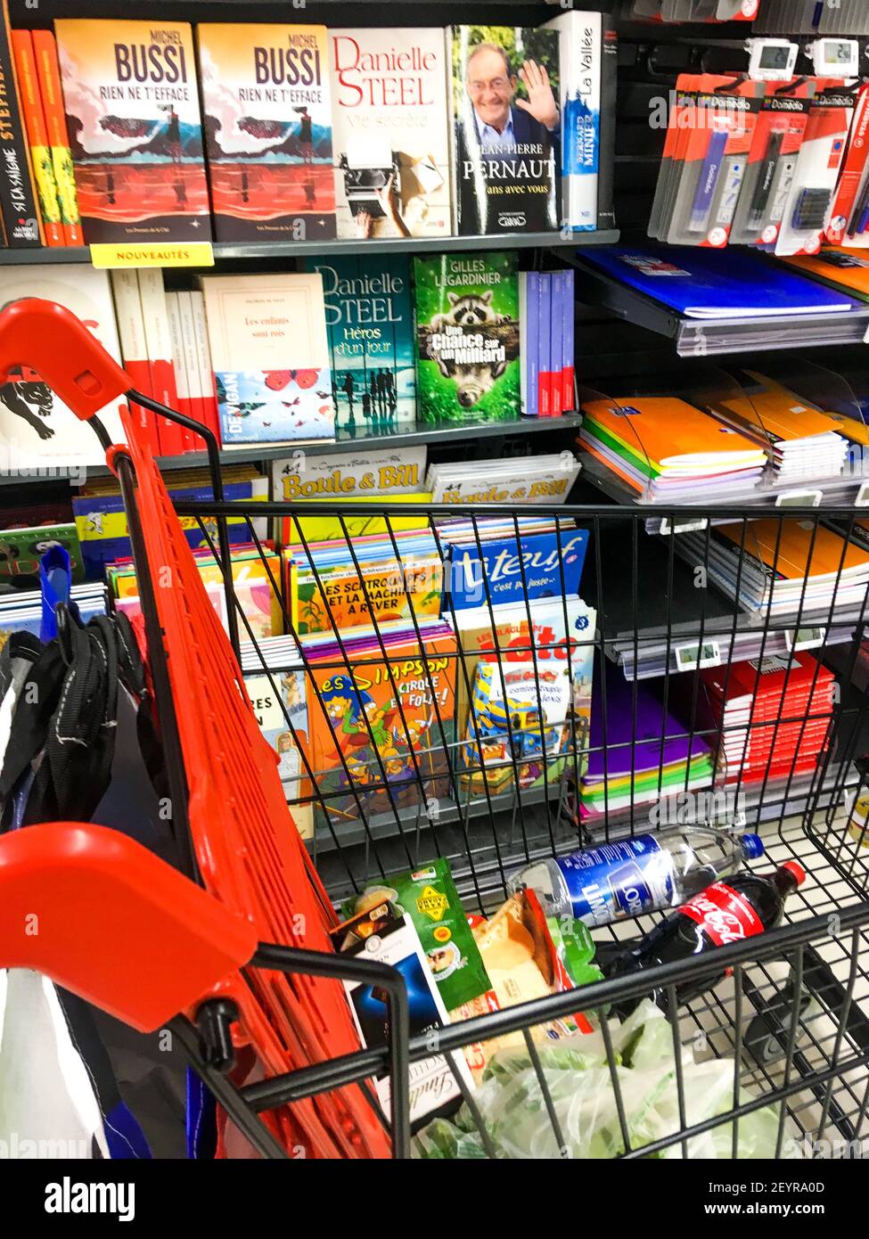 Books displayed in the book section of a supermarket, Lyon, France
