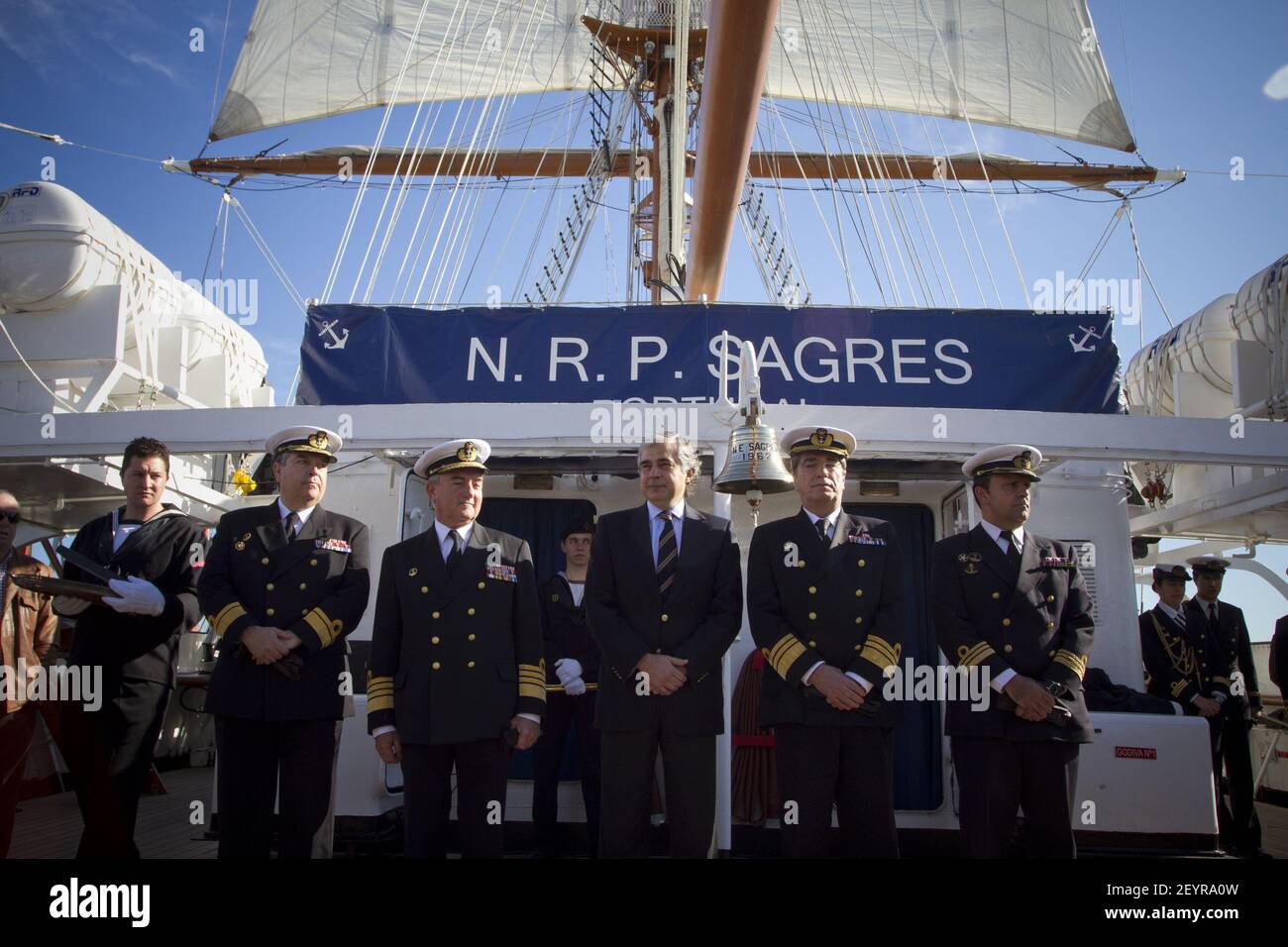 8 February 12 Lisbon Portugal Jose Pedro Aguiar Branco C Portuguese National Defense Minster Presided The Ceremony For The 50th Anniversary On Portuguese Nrp Sagres The Nrp Sagres Is A Tall