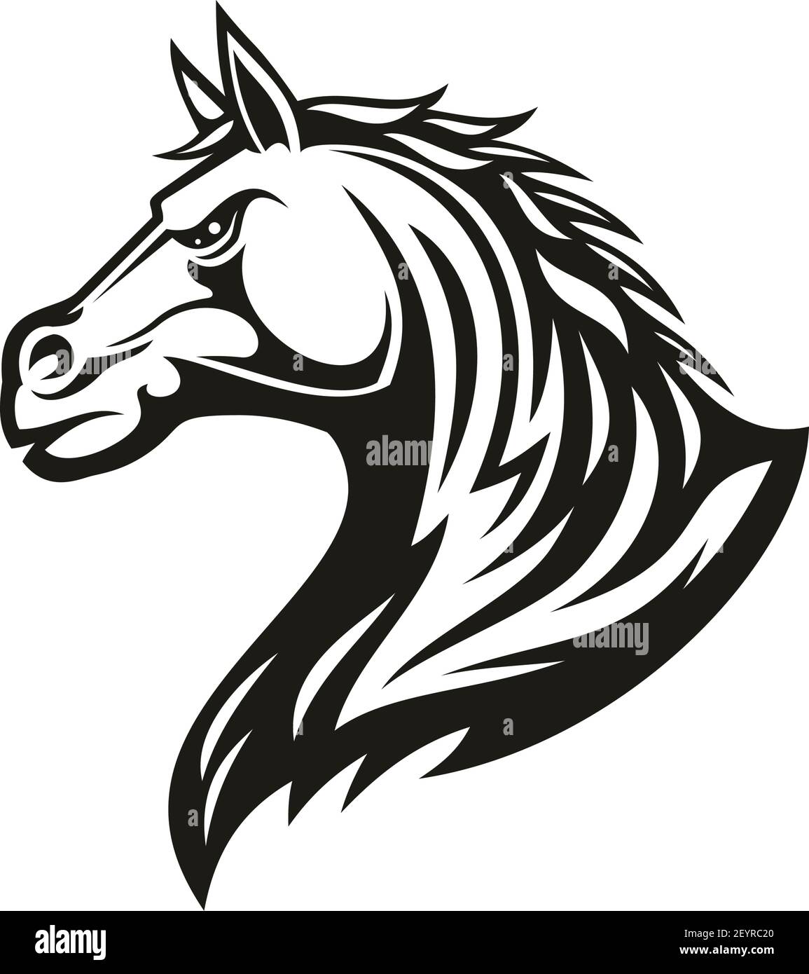 Black horse head profile view isolated mane. Vector purebred stallion