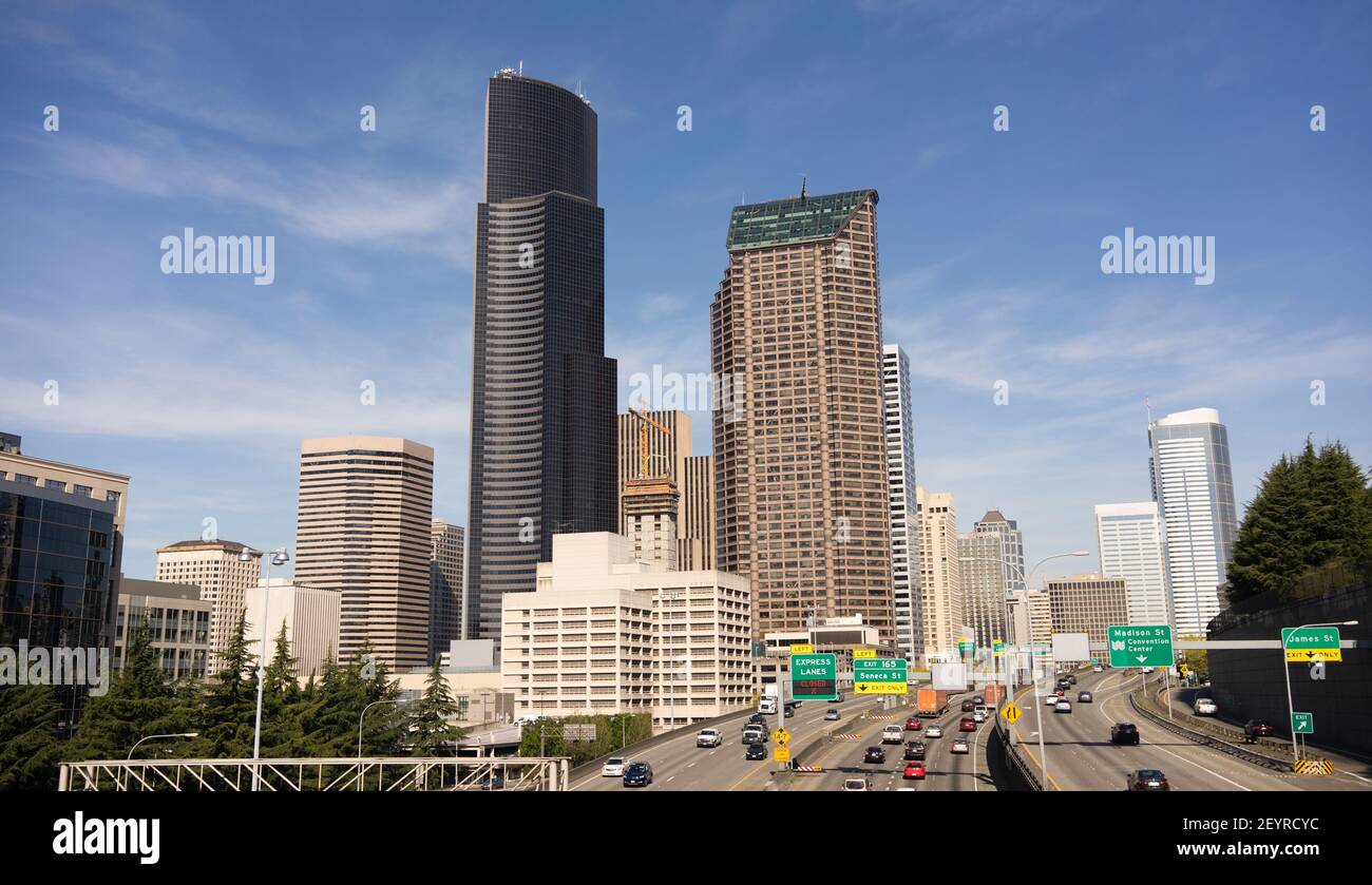 Downtown Seattle City Skyline Interstate 5 Cars Divided Highway Stock Photo