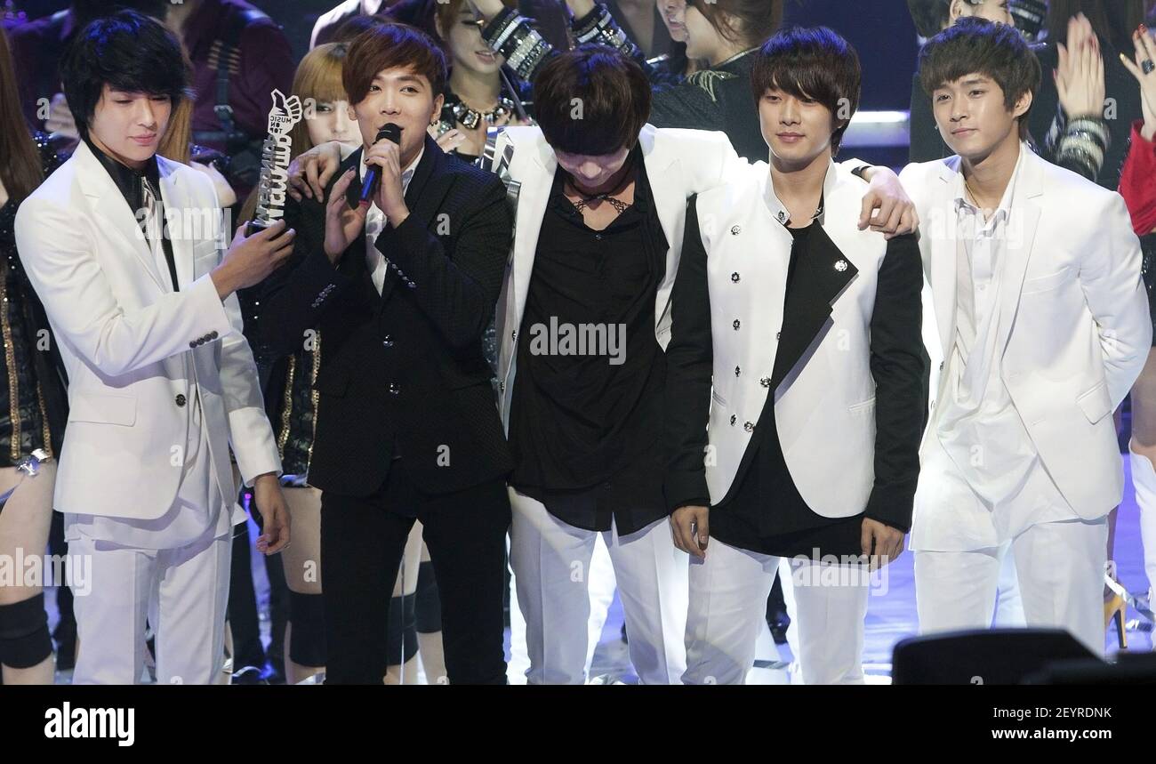 15 February 2012 - Seoul, South Korea - South Korean idol group FT Island,  performs on stage of the JTBC TV K-Pop Music program 'Music On Top' at Hoam  Art Hall in