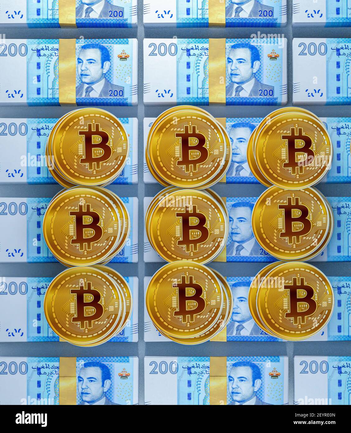 Golden Bitcoins. New virtual money. Bitcoin token coins on the two hundred dirham banknotes. Bitcoin exchange against the Moroccan dirham. Stock Photo