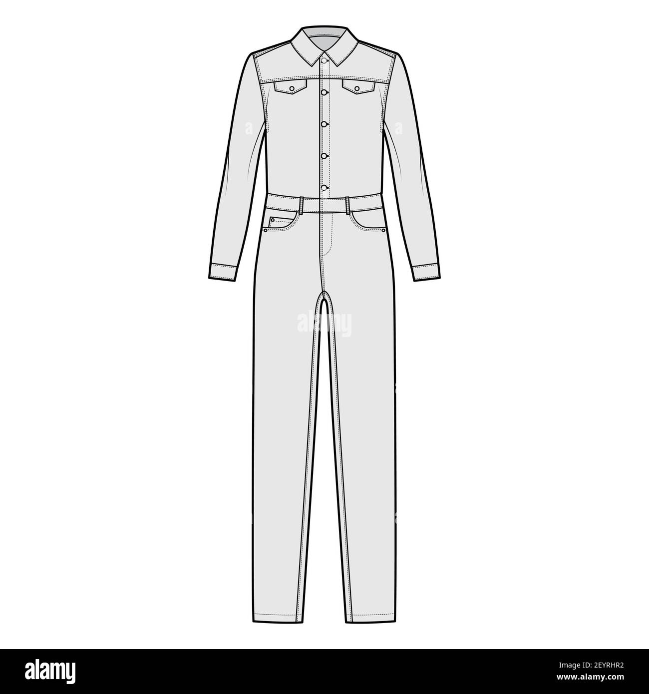Denim overall jumpsuit Dungaree technical fashion illustration with full  length, button closure, long sleeves, normal waist, high rise. Flat front,  white grey color style. Women, men unisex CAD mockup Stock Vector Image