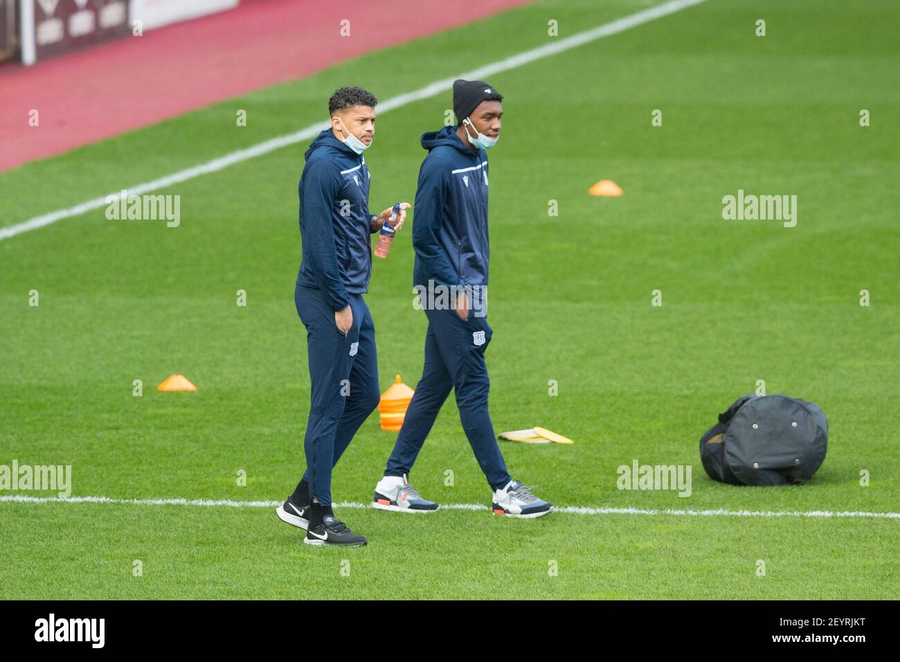 Tynecastle Park, Edinburgh, UK. 6th Mar, 2021. Scottish Championship Football, Heart of Midlothian versus Dundee FC; Osman Sow and Malachi Fagan-Walcott of Dundee inspect the pitch before the match Credit: Action Plus Sports/Alamy Live News Stock Photo