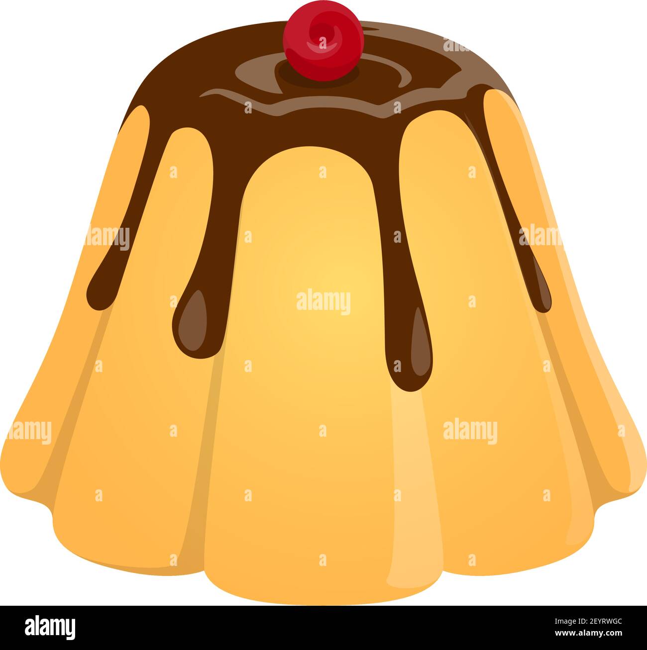 Tasty pudding with chocolate topped by cherry isolated jelly. Vector