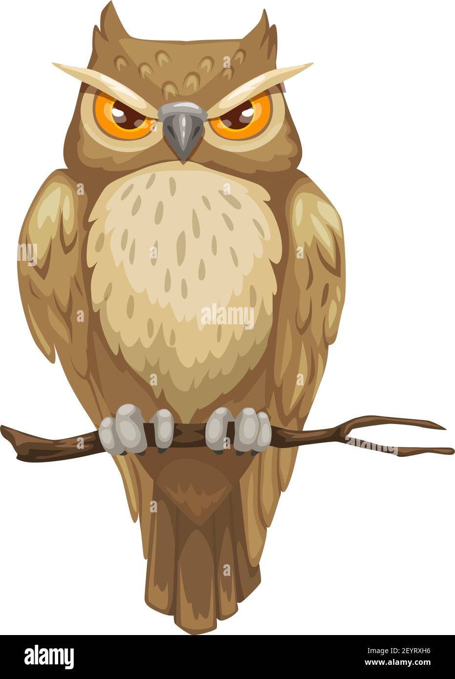 Owl on branch icon, Halloween creature isolated vector. Wild bird ...