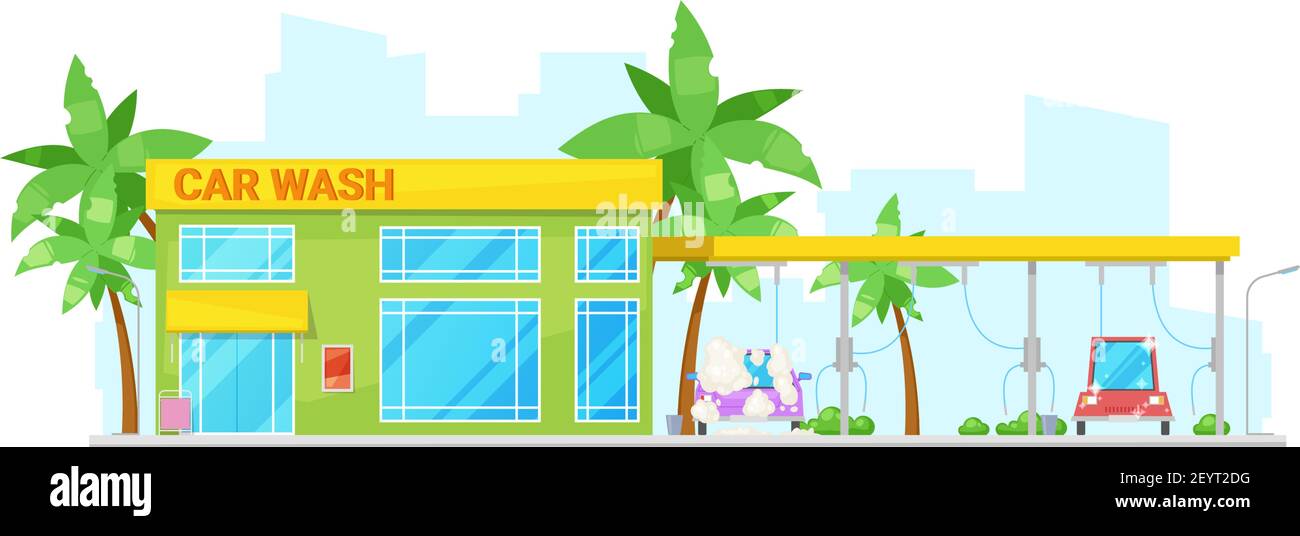 Car wash building isolated exterior design. Vector automatic carwash services, shop and trees