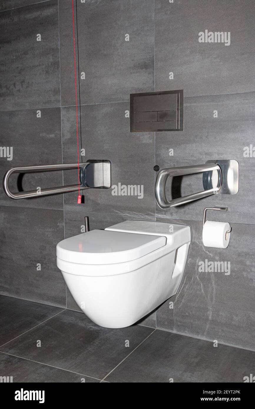 handicapped accessible toilet with supports and emergency toilet Stock