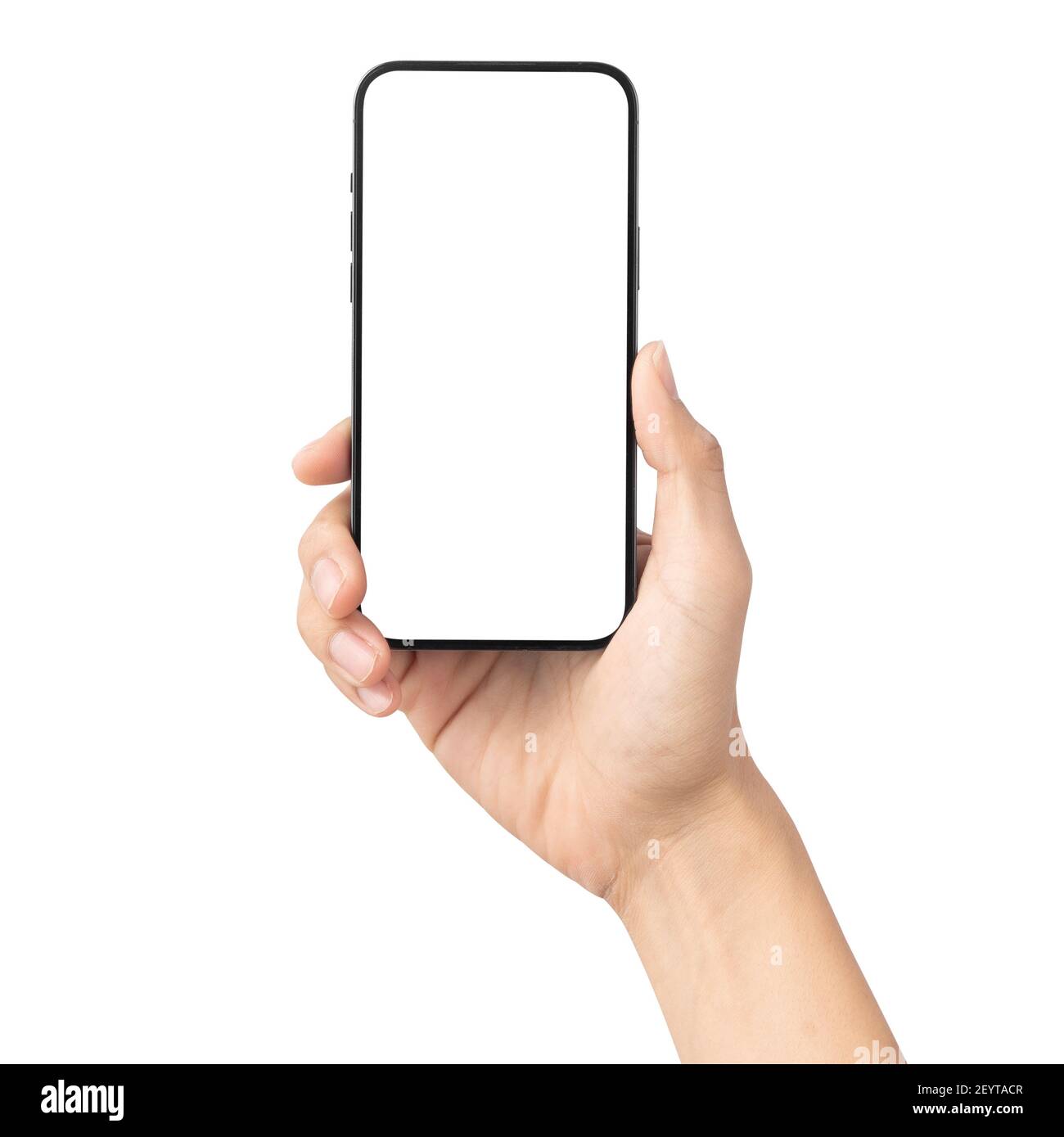 Man hand holding the black smartphone with blank screen isolated on ...