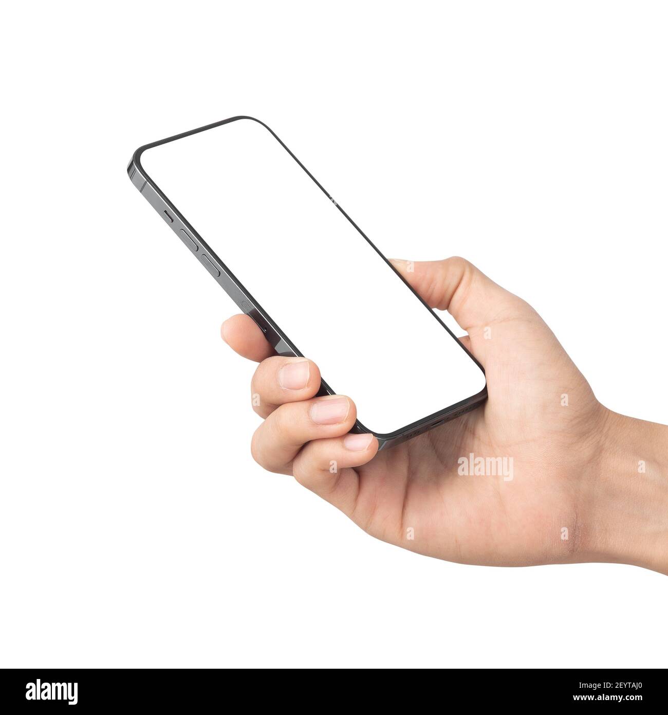 Man hand holding the black smartphone with blank screen isolated on ...
