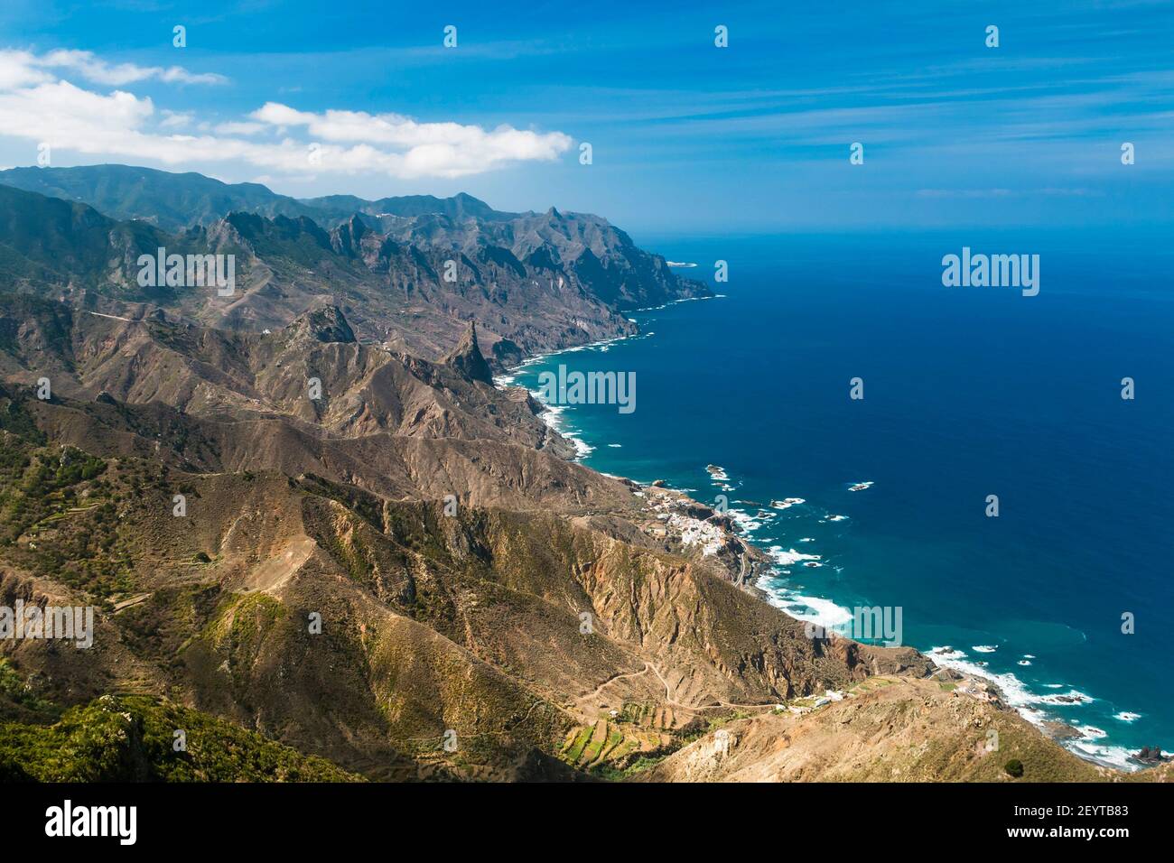 View from the Mirador Cabezo del Tejo in the Anaga mountains to the village of Almaciga. Tenerife, Spain. Stock Photo