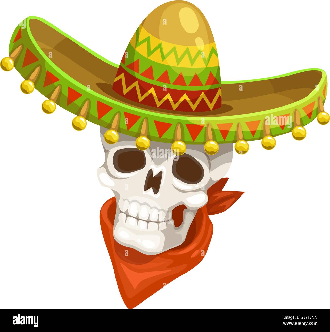 Mexican skull in sombrero hat and red neckerchief isolated. Vector Cinco de Mayo day of dead symbol Stock Vector
