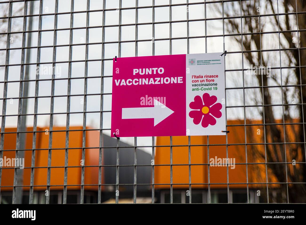 (3/5/2021) Ferrara Fiere Congressi and Azienda USL are proud to activate the Fiera di Ferrara Vaccination Center - the most important in the province with its sixteen boxes made to measure for vaccines and 272 chairs for waiting - included in the provincial AntiSars-Cov2 Vaccination Plan with also the other extraordinary centers of Codigoro, Argenta and Cento. The pavilion - about 2,750 square meters - is organized according to a path that will start from an access and triage area where registration takes place and provides support information to citizens and from a waiting area in the immedia Stock Photo
