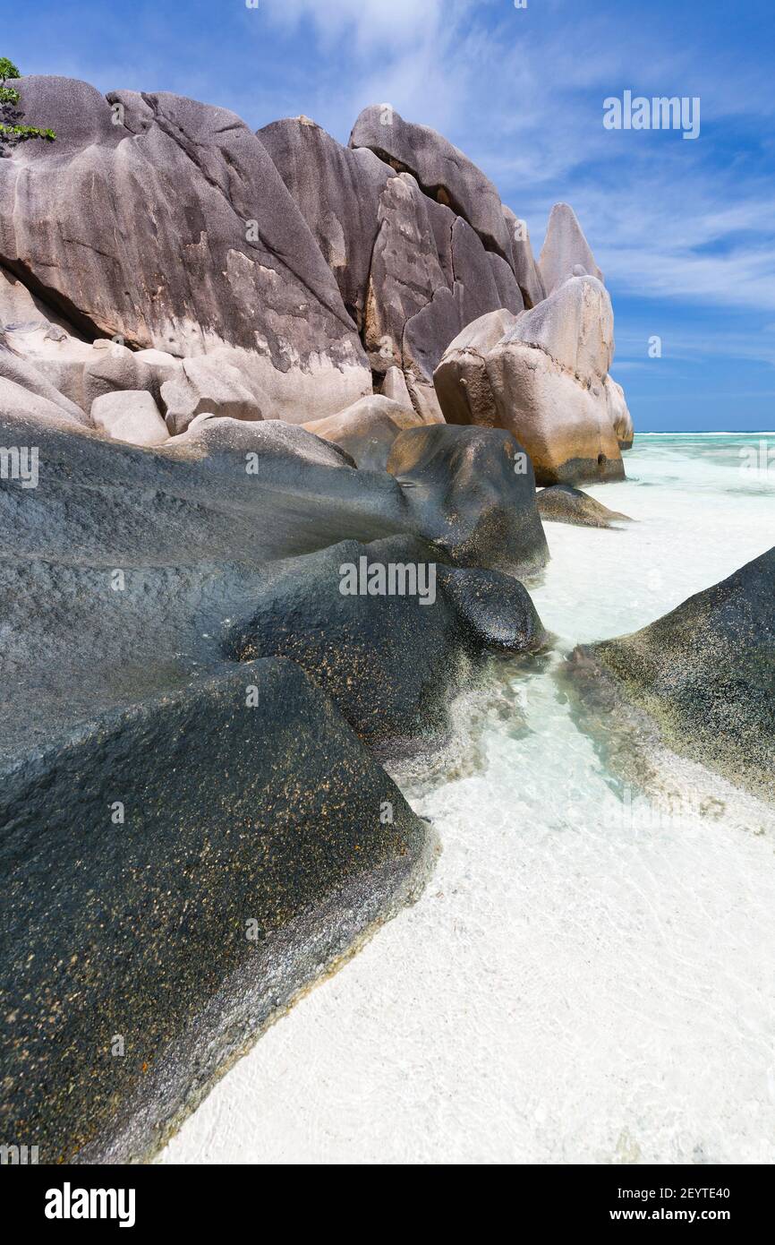 Granite rocks formed by water and weather in La Digue, Seychelles Stock Photo