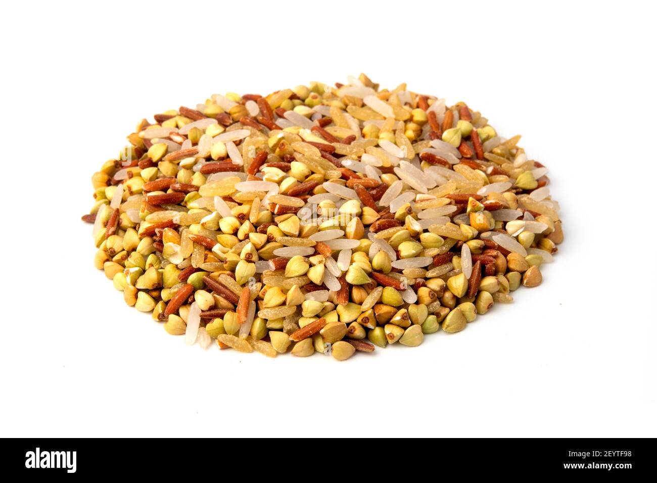 Mixed rice and buckwheat on a white background Stock Photo