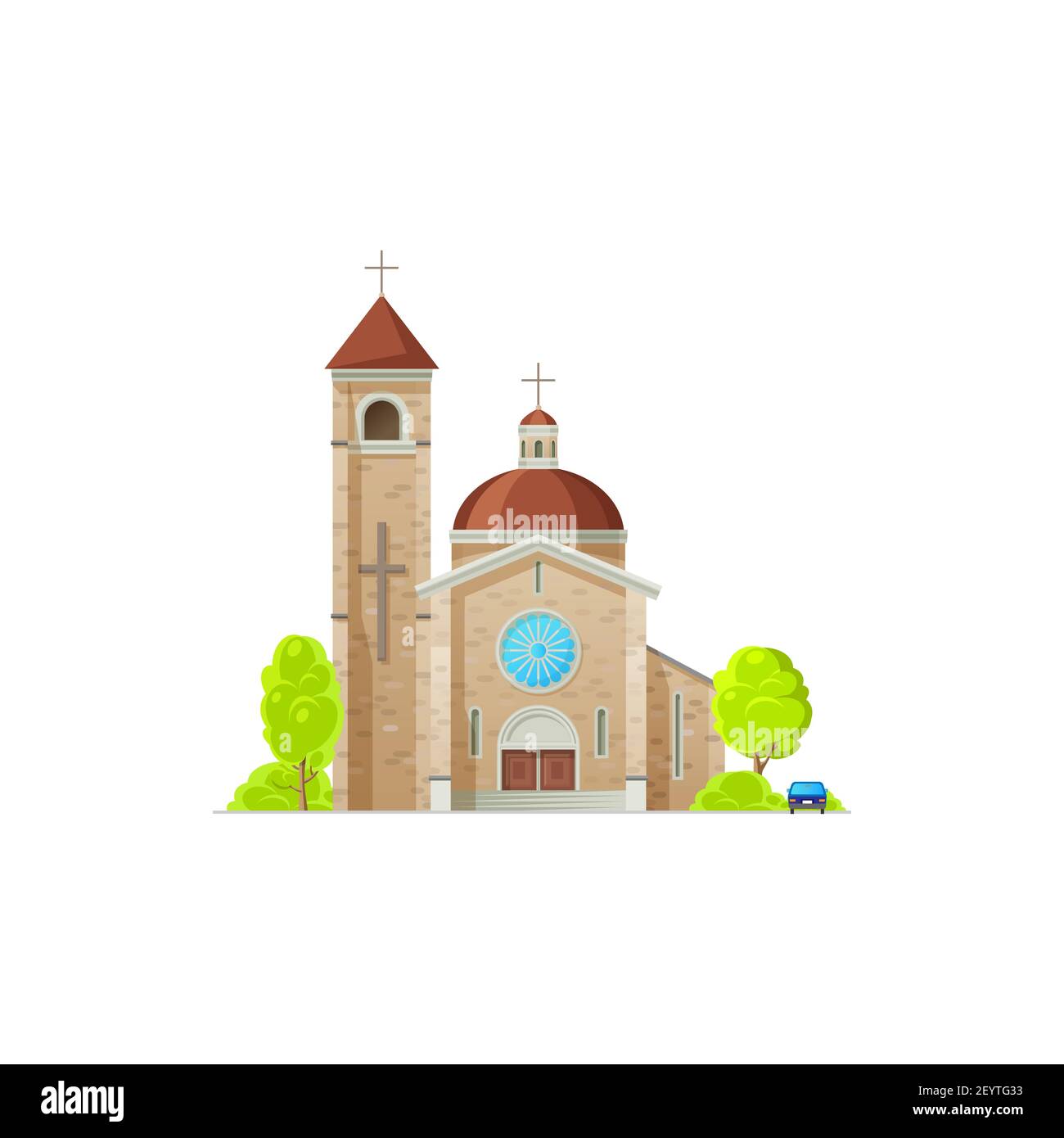 Retro monastery isolated catholic church with temple. Vector religious building, place of worship and pray, catholic or orthodox church, parking zone Stock Vector